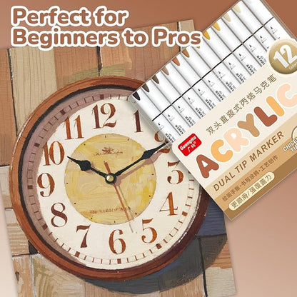 Guangna 12 Brown Dual Tip Acrylic Paint Markers, Brush Tip & Chisel Tip Acrylic Paint Pens for Pumpkin Paint, Rock, Wood, Glass, Paper, Coloring Book, Ceramic, Canvas, Water-Based Ink