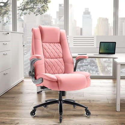 High Back Office Chair- Flip Arms Adjustable Built-in Lumbar Support, Executive Computer Desk Chair Work Chairs, Thick Padded Strong Metal Base Quiet Wheels, Ergonomic Design for Back Pain