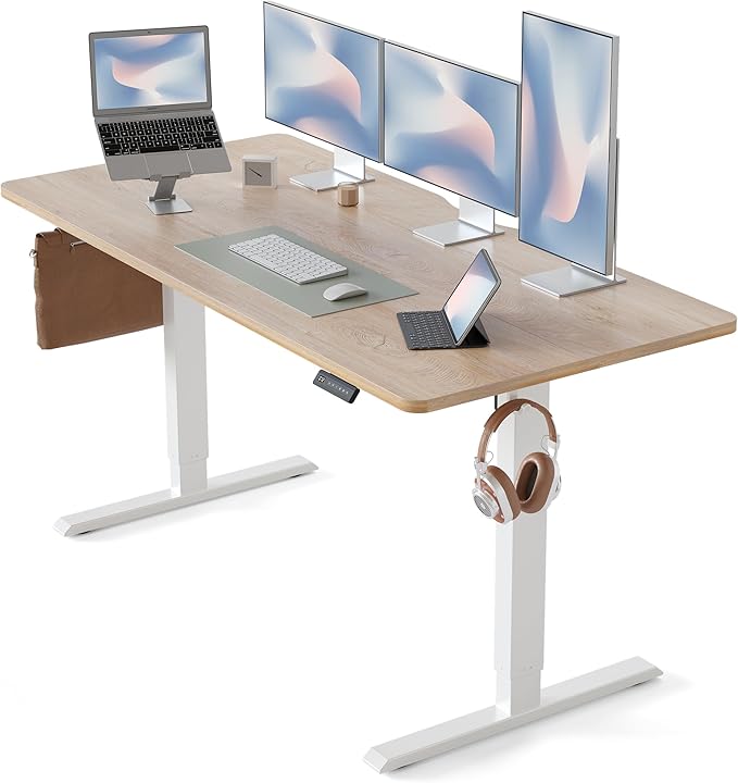 FEZIBO Standing Desk, 63×28 Inches Electric Height Adjustable, Sit Stand Up Table, Computer Office Desk with Splice Board, While Frame/Maple TOP