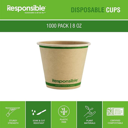 Responsible Products 8 oz Paper Hot Cups (Squat), Tree-Less™ Compostable Paper Coffee Cups, Extra Strength, Tree-Free and Made Without PFAS, Natural Brown (1000 Count)