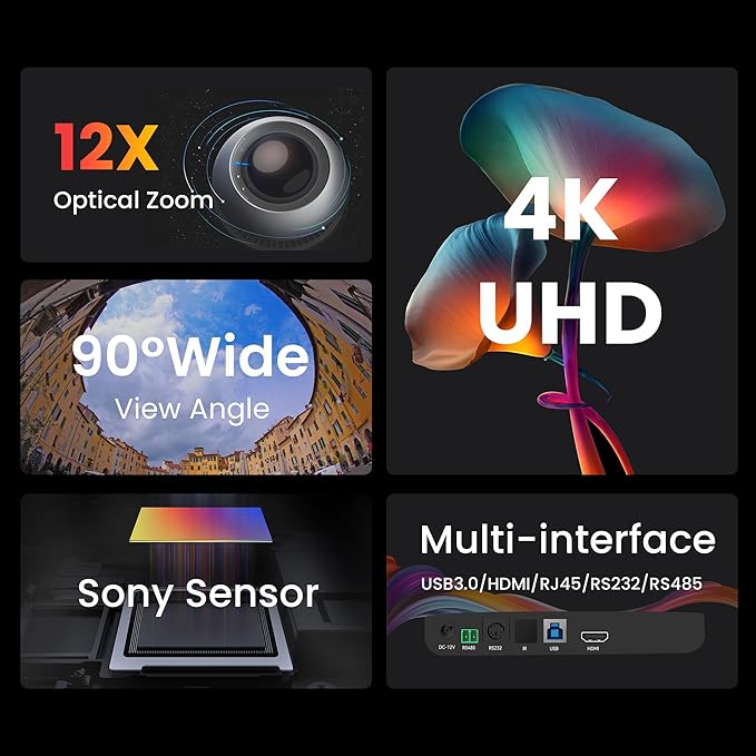 UHD 4K HDMI/USB3.0 PTZ Camera with 12X Optical Zoom, 90° FOV Wide Angle Lens, Video Conference Room Camera,Live Streaming for Church Worship, Work with Zoom Webex OBS YouTube Facebook