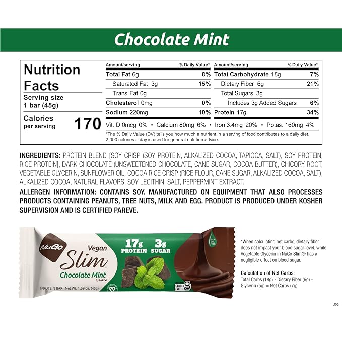 NuGo Slim Vegan Variety - Crunchy Peanut Butter 12 bars & Chocolate Mint 12 bars, Low Net Carb, Keto Friendly, 16-17g Plant Based Protein, Gluten Free, 24 count