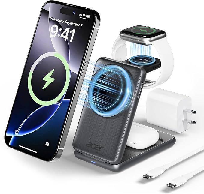 Acer 3 in 1 Charging Station for iPhone, Wireless Charger Stand,15W Fast MagSafe Charger for iPhone 17 16 15 14 13 12 Series-Apple Watch 11 10 9 8 7 6 5 4 3 2 SE and Ultra Series-Airpods 4 3 2 Pro