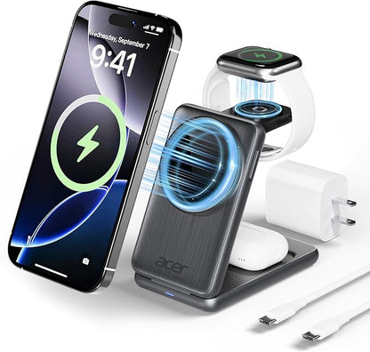 Acer 3 in 1 Charging Station for iPhone, Wireless Charger Stand,15W Fast MagSafe Charger for iPhone 17 16 15 14 13 12 Series-Apple Watch 11 10 9 8 7 6 5 4 3 2 SE and Ultra Series-Airpods 4 3 2 Pro