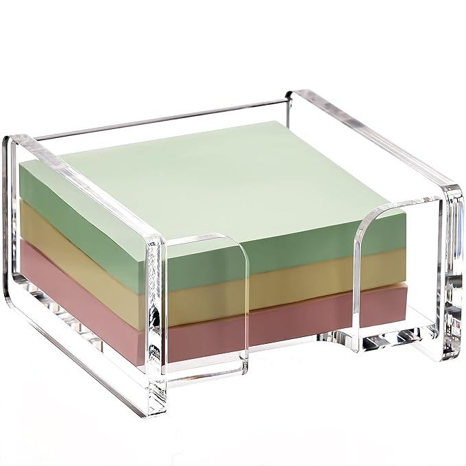 YUXUN Clear Acrylic Sticky Note Holder, 3x3 Inch Note Dispenser for Desk - Self Stick Memo Pad Holder Organizer for Office, School, Home Supplies