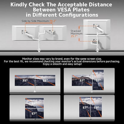 Dual Monitor-Arm Heavy-Duty for 17-57-Inch Screens - Ultrawide Vertical Dual Monitor Mount, Fully Adjustable Stacked Double Monitor Desk Mount Stand, Max Load 44 lbs per Screen, VESA 75/100 mm, White