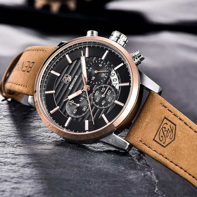 BENYAR Quartz Chronograph Waterproof Watches Business and Sport Design Leather Band Strap Wrist Watch for Men
