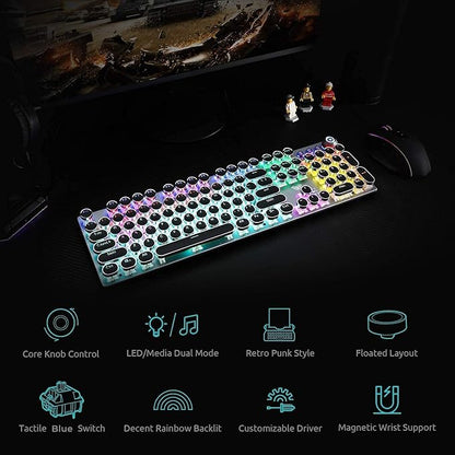 AULA F2088 Typewriter Style Mechanical Gaming Keyboard Blue Switches,Rainbow LED Backlit,Removable Wrist Rest,Media Control Knob,Retro Punk Round Keycaps,USB Wired Computer Keyboard
