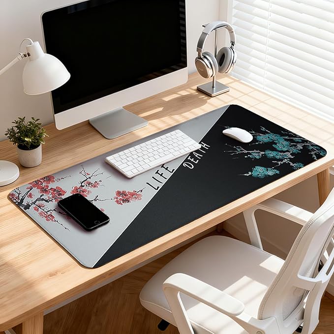 Cherry Blossoms Patterns Desk Mat, Large Gaming Mouse Pad Non-Slip Rubber Base with Stitched Edges, Waterproof Protection for PC Laptop Home Office Desk Decor (31.5x15.7in)