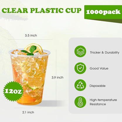 Lilymicky 1000 PACK 12 oz Clear Plastic Cups, Cold Disposable Party Drinking Cups for Parties, Picnic, BBQ & Events