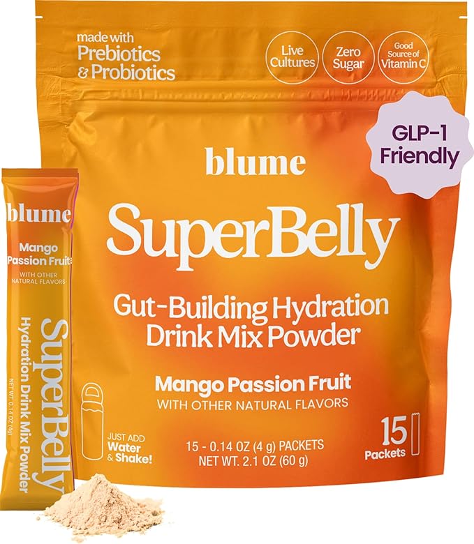 Blume SuperBelly Gut Health and On-The-Go Hydration Packets, GLP-1 Friendly, Sugar-Free, with Prebiotics, Probiotics, Apple Cider Vinegar, Vitamin C, and Electrolytes, Mango Passion Fruit, 15 Sticks