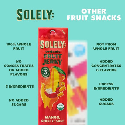 SOLELY - Organic Spicy Mango Chili and Salt Fruit Jerky - 1 Individually Wrapped Fruit Strip - Fruit Leather Made from Dried Fruit - Healthy Snacks for Adults & Kids - Vegan, Non GMO - 0.8oz (23g)
