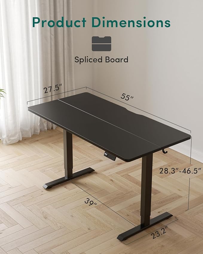 FEZIBO Standing Desk, 55×28 Inches Electric Height Adjustable, Sit Stand Up, Computer Office Desk with Splice Board, Black Frame/Black TOP