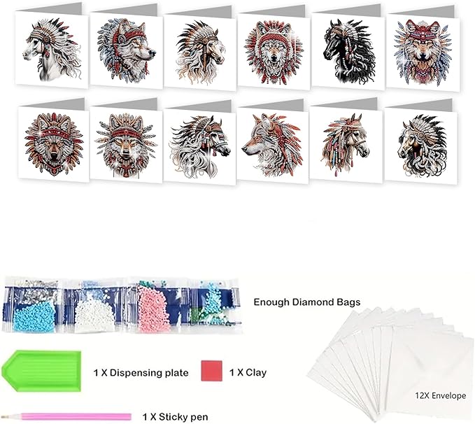 jinglinhh 12pcs Diamond Art Painting Indian Wolf Horse Greeting Cards with Envelopes, DIY Card Making Kits for Adults, Diamond Art Postcards Christmas Cards Craft Gifts