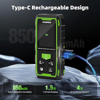 Huepar Dual Laser Measuring Tool, 656Ft Green-Beam Bilateral Digital Laser Distance Measure 6 Units Ft/in/M, Rechargeable Laser Measurement Tool -Backlit LCD Display, Length/Area/Volume/Angle Sensor