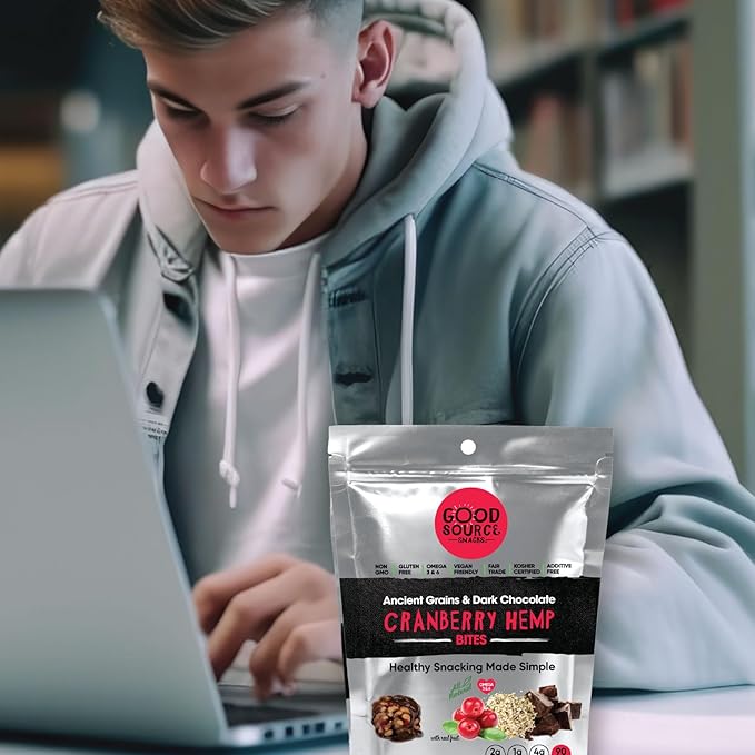 Good Source Snacks Dark Chocolate Bites & Ancient Grains, Cranberry Hemp, 9 Pack, 3 oz, Vegan, Gluten Free, Non GMO, Kosher Protein Bites