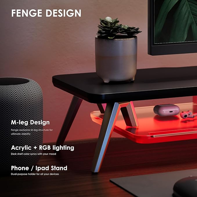 Fenge Dual Monitor Stand for Desk, 2 Tiers Monitor Riser with Acrylic Shelf, 42.5 Inch Wood and Aluminum Desk Shelf with Phone and Tablet Holder
