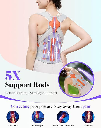 Posture Corrector for Women and Men, 5 Full Back Support Brace Rods, Adjustable Shoulder Straightener, FSA&HSA Eligible, Relief for Upper and Lower Back, Lumbar, Neck Pain (Gray, Small)
