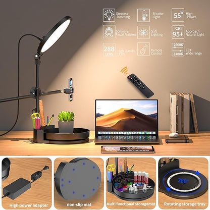 Selfie Light Kit for Desk and Laptop,55W Dimmable Full Screen Ring Light,with Rotating Storage Box,Pen Holder Stand,Phone Holder and Controller (red, 10.5)