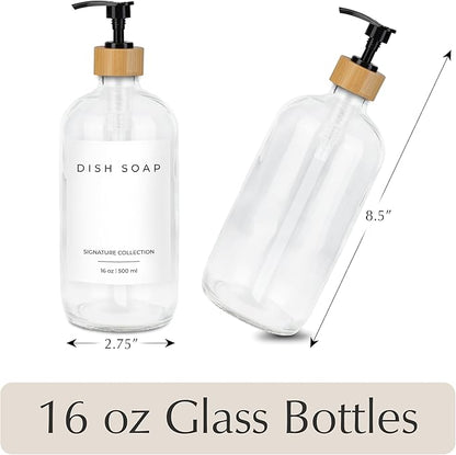 Emerson Essentials Soap Dispenser, Dish Soap Dispenser for kitchen, Hand Soap Dispenser Bathroom, Kitchen Soap Dispenser Set | Glass Hand Soap and Lotion Set for Bathroom, 16 Oz, Bamboo Tray, Set of 2