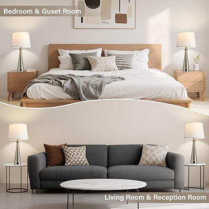 Seealle Modern Table Lamps Set of 2 - Touch Bedside Lamp for Nightstand with USB C+A,3-Way Dimmable Silver Nightstand Lamps for Living Room Bedroom End Table with White Shade(Bulb Included)