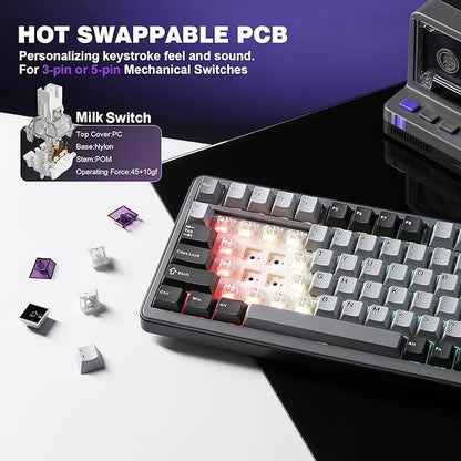 YUNZII B75 PRO Wireless Mechanical Keyboard,75% Layout with Knob,Hot Swap Gasket Structure,Creamy Pre-lubed Switches,RGB Backlit,Bluetooth/Type-C/2.4G for Win/Mac (Dark Grey, Milk Switch)
