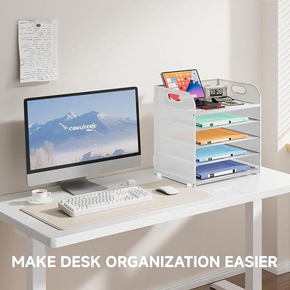 5 Tier Paper Organizer with Handle, Metal Mesh Desk Organizer File Folder Paper Letter Tray Desktop Document Sorter for Classroom, School, Office Accessories Organization and Storage - White