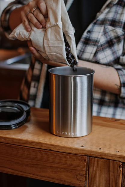 Planetary Design Airscape Stainless Steel Coffee Canister | Food Storage Container | US Patented Airtight Lid | Push Out Excess Air Preserve Food Freshness (Medium, Matte Blue)