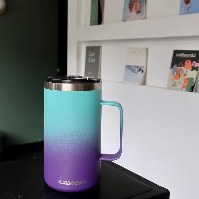 KXIAOCHEN 20oz Insulated Coffee Mug with Lid, Stainless Steel Coffee Cup, Double Wall Vacuum Coffee Tumbler with Handle, Premium Thermal Travel Coffee Mug (Blue Green+Purple)