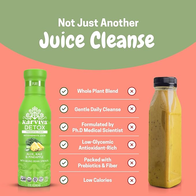 Karviva Organic Juice Cleanse for Liver Detox & Hormone Health - Ancient Remedies with Broccoli Sprouts, Aloe Vera, Kale, Kiwi, Ginger - Low-Sugar, Prebiotic, Fiber, Antioxidants (6 BPA-Free, Toxin-Free Bottles, 12 oz Each)