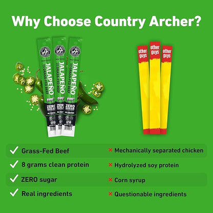 Country Archer Beef Jerky Sticks Jalapeno - Grass Fed Beef Sticks Individually Wrapped, Beef Sticks Bulk, Beef Jerky Snack Packs, Gluten Free, Paleo, Keto, Sugar Free - 1 oz Meat Sticks (Pack of 18)