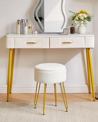 IBUYKE Teddy Velvet Storage Footrest Stool Ottoman, Makeup Vanity Stool Side Table with Removable Cover, Golden Steel Legs, Coffee Table Top Cover, White WBD010W