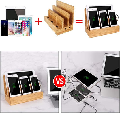 Bamboo Wood Multi-Device Desktop Charging Dock Station Charger Holder Cradle Stand Compatible for iPhone 16 15 14 13 12 11 Pro Max iPad mini Pro Air Laptop Tablets Samsung LG Sony Smartphones