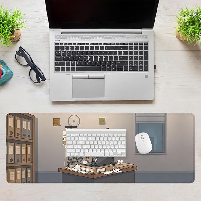 Funny Cat Desk Mat Cute Cartoon Office Coffee Addict Extended Gaming Mouse Pad Mat with Stitched Edge Non-Slip Base Big Mousepad 31.5"x11.8"