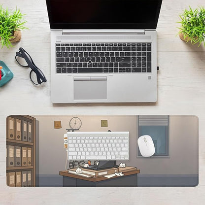 Funny Cat Desk Mat Cute Cartoon Office Coffee Addict Extended Gaming Mouse Pad Mat with Stitched Edge Non-Slip Base Big Mousepad 31.5"x11.8"