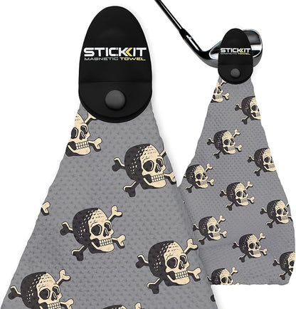 STICKIT The Original Magnetic Golf Towel with Gray Skulls | Top-Tier Microfiber Golf Towel with Deep Waffle Pockets | Industrial Strength Magnet for Strong Hold to Golf Carts or Clubs