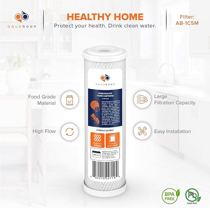 Aquaboon 5 Micron 10 x 2.5 Carbon Block Water Filter Cartridge CTO Whole House Water Filter Replacement Compatible with WHKF-WHWC, FXWTC, 6-PACK
