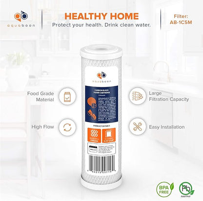 Aquaboon 5 Micron 10 x 2.5 Carbon Block Water Filter Cartridge CTO Whole House Water Filter Replacement Compatible with WHKF-WHWC, FXWTC, 6-PACK