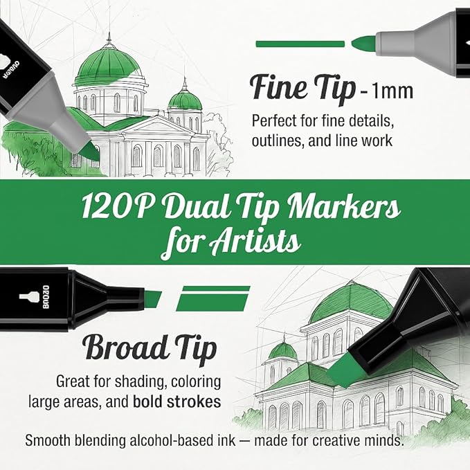 Alcohol Markers Set, 120 Colors Dual Brush Tip Permanent Art Markers for Coloring, Drawing, Sketching, Illustration & Card Making, Art Supplies Gift for Adults, Artists & Kids