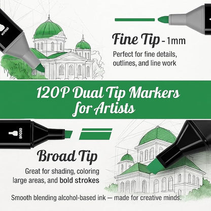 Alcohol Markers Set, 120 Colors Dual Brush Tip Permanent Art Markers for Coloring, Drawing, Sketching, Illustration & Card Making, Art Supplies Gift for Adults, Artists & Kids