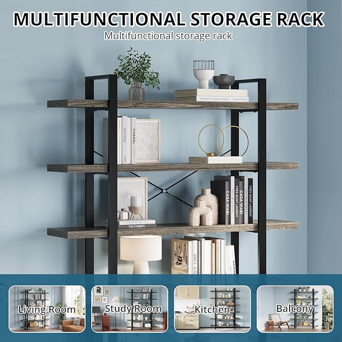 FURSUN Heavy Duty 4 Tier Bookcase, 55-in Tall Industrial Modern Large Bookshelf, Wood Farmhouse Bookcases Book Shelves and Metal Frame for Office, Bedroom, Living Room, Grey