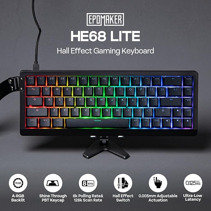 EPOMAKER HE68 Lite Hall Effect Gaming Keyboard, 8k Polling & 128K Scan Rate, 0.005mm Adjustable Trigger, 0.125ms Latency, 5-Layer Sound-Dampened, Snap Key, SOCD, A-RGB, Wired, Mac Software (Black)
