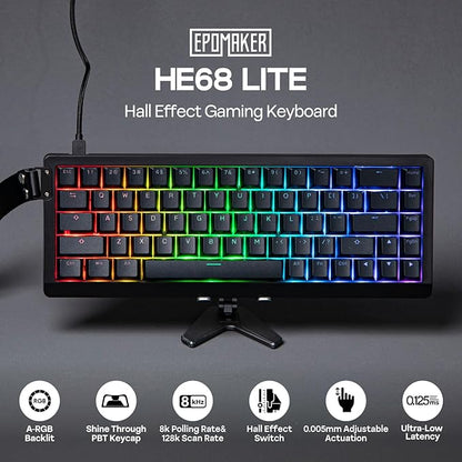 EPOMAKER HE68 Lite Hall Effect Gaming Keyboard, 8k Polling & 128K Scan Rate, 0.005mm Adjustable Trigger, 0.125ms Latency, 5-Layer Sound-Dampened, Snap Key, SOCD, A-RGB, Wired, Mac Software (Black)