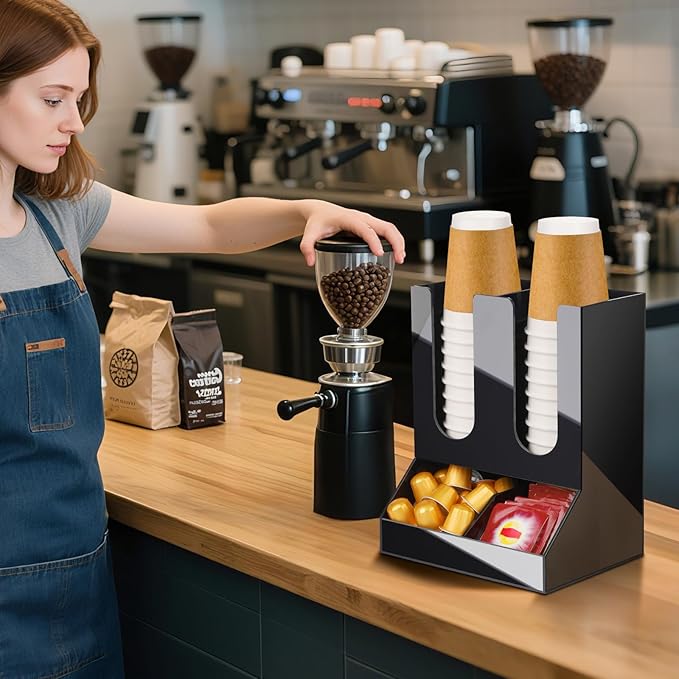MYITYARD Coffee Station Organizer for Countertop, 2-Tier Coffee Bar Accessories, Acrylic Condiment and Cup Storage Organizer, 4 Compartments, Cup and Lid Holder for Pods, Syrup, Stirrer
