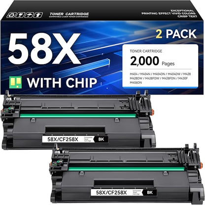 58X Toner Cartridge Black 2-Pack with Chip High Yield Replacement for HP 58X CF258X 58A Compatible with HP Laserjet Pro MFP M428dw M428fdn M428fdw M404dn M404dw M404n Enterprise M430f M406dn Printer