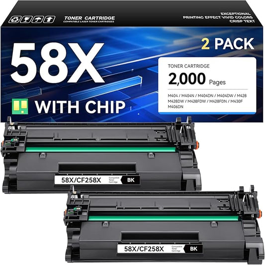 58X Toner Cartridge Black 2-Pack with Chip High Yield Replacement for HP 58X CF258X 58A Compatible with HP Laserjet Pro MFP M428dw M428fdn M428fdw M404dn M404dw M404n Enterprise M430f M406dn Printer