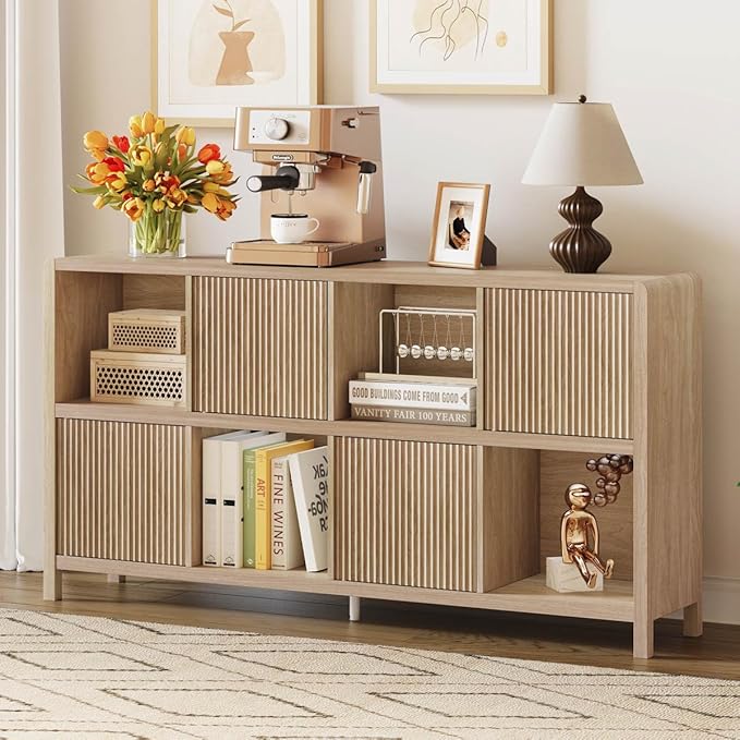 FATORRI 8 Cube Bookshelf with 4 Doors, Modern Mid Century Wood Book Shelf with Storage, Low Horizontal Cubby Bookcase for Home Office (Light Walnut)