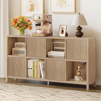 FATORRI 8 Cube Bookshelf with 4 Doors, Modern Mid Century Wood Book Shelf with Storage, Low Horizontal Cubby Bookcase for Home Office (Light Walnut)