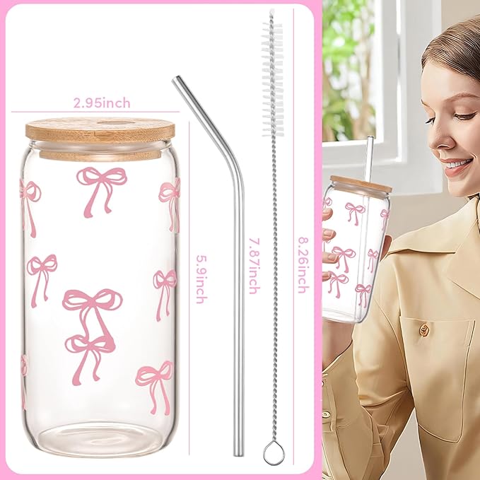 Coquette Cute Pink Bow Glass Cups with Lids and Straws, Aesthetic Iced Coffee Cup, Girly Preppy Design Tumbler Mug for Teen Girls Women Girlfriends Gifts