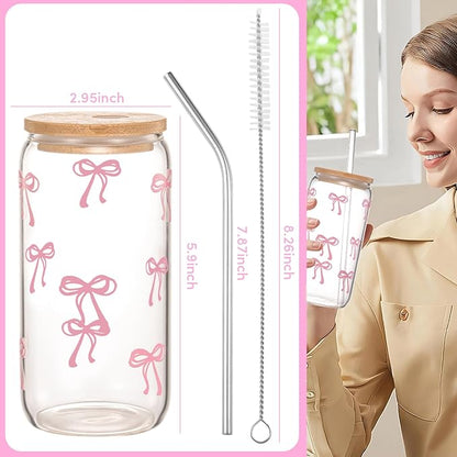 Coquette Cute Pink Bow Glass Cups with Lids and Straws, Aesthetic Iced Coffee Cup, Girly Preppy Design Tumbler Mug for Teen Girls Women Girlfriends Gifts